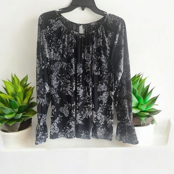 Badlgley Mischka Black and White Ruffled Puff Sleeve Blouse Sz M - Picture 1 of 5